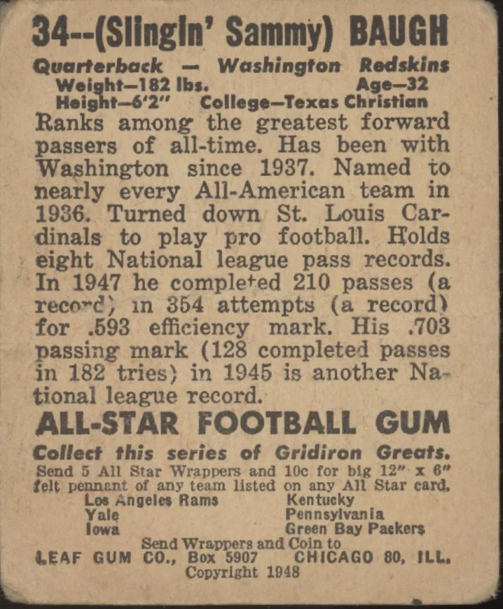 Sammy Baugh 1948 Leaf #34 Washington Redskins PR - Image 2