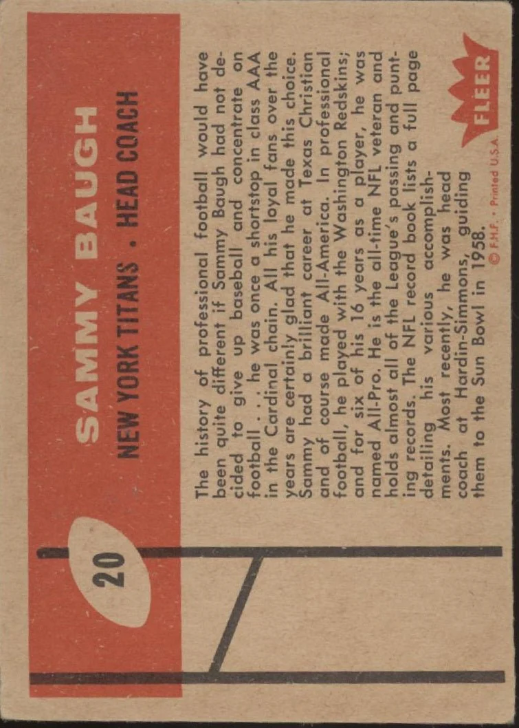 Sammy Baugh 1960 Fleer #20 New York Titans VG-EX - Image 2