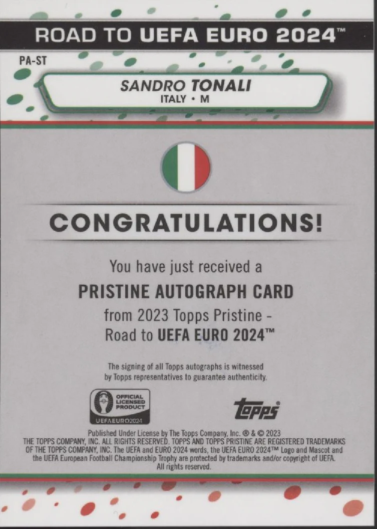 Sandro Tonali 2023-24 Topps Pristine UEFA Euro Green Refractor Auto #RA-ST - Image 2