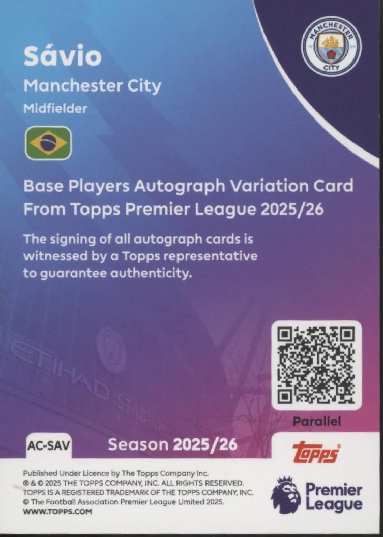 Savio 2025-26 Topps Premier League Orange Holo Auto 25/25 #AC-SAV - Image 2