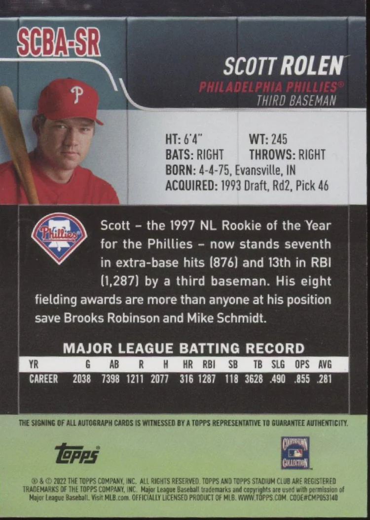 Scott Rolen 2022 Topps Stadium Club Auto #SCBA-SR - Image 2