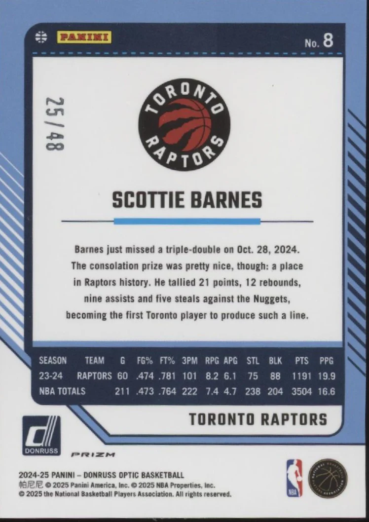 Scottie Barnes 2024-25 Panini Donruss Optic White Mojo Prizm 25/48 #8 - Image 2