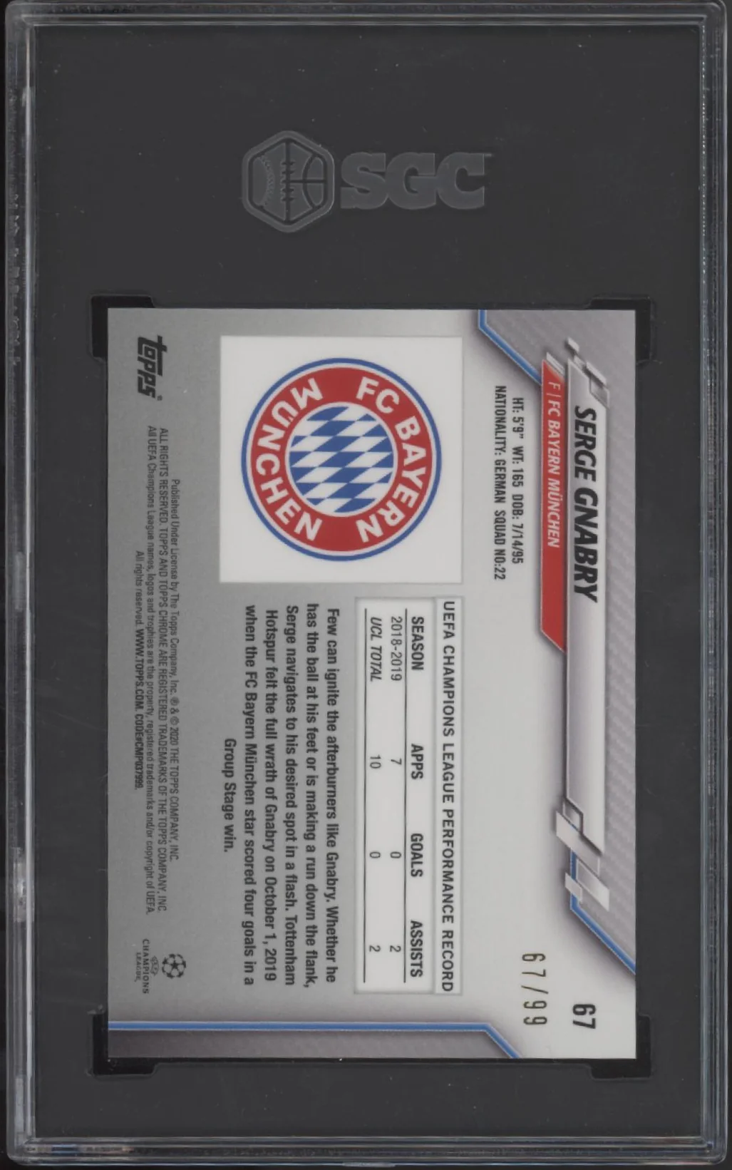 Serge Gnabry 2019-20 Topps Chrome UEFA Green Refractor 67/99 #67 SGC 10 - Image 2
