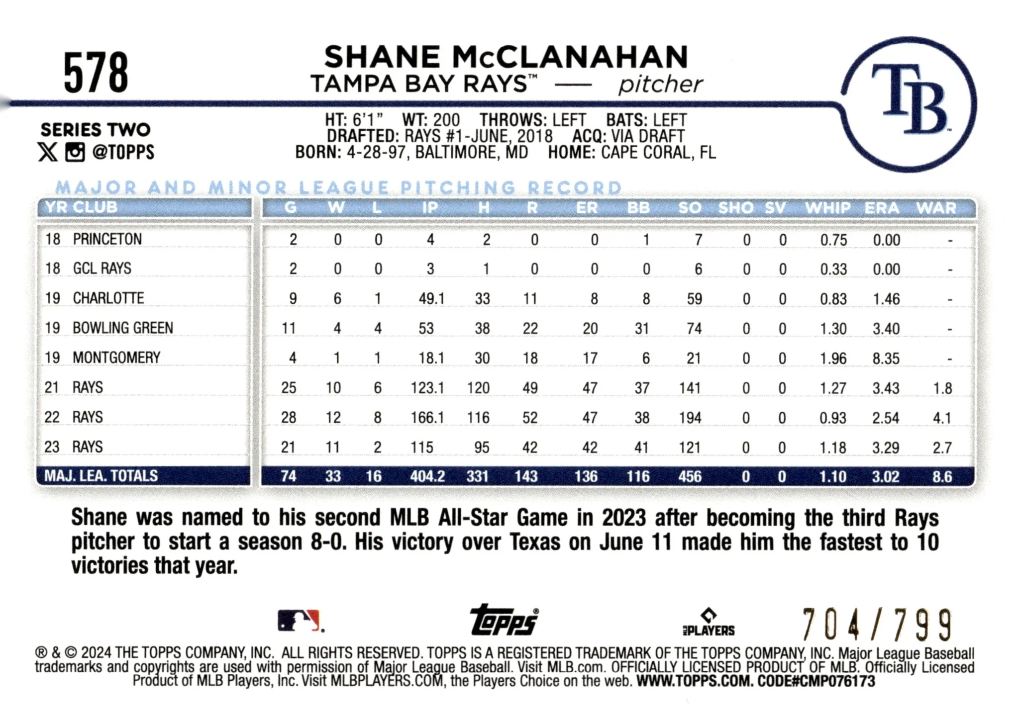 Shane McClanahan 2024 Topps Series 2 Purple Foil 704/799 #578 - Image 2