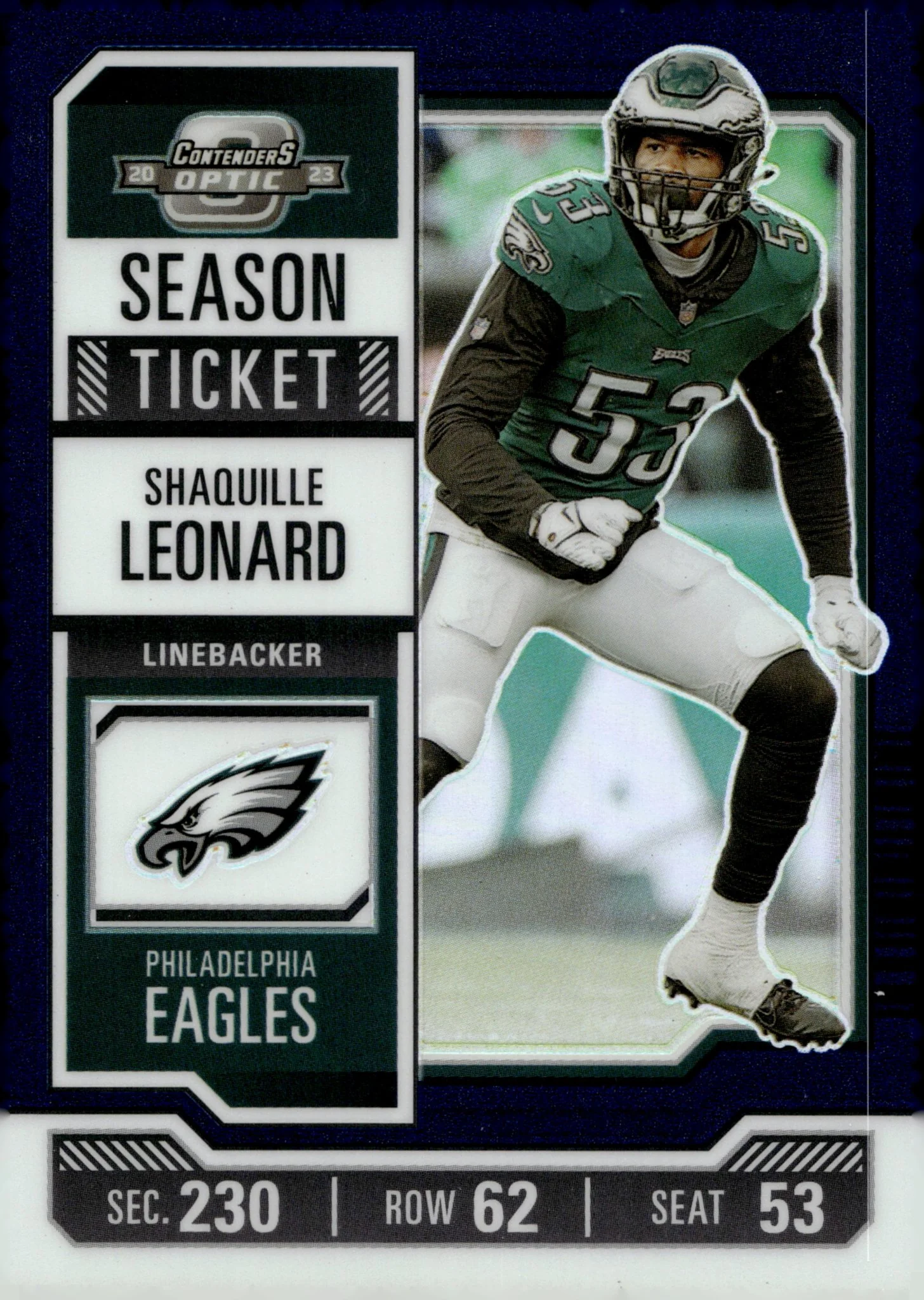 Shaquille Leonard 2023 Panini Contenders Optic Season Ticket Blue Prizm 15/99