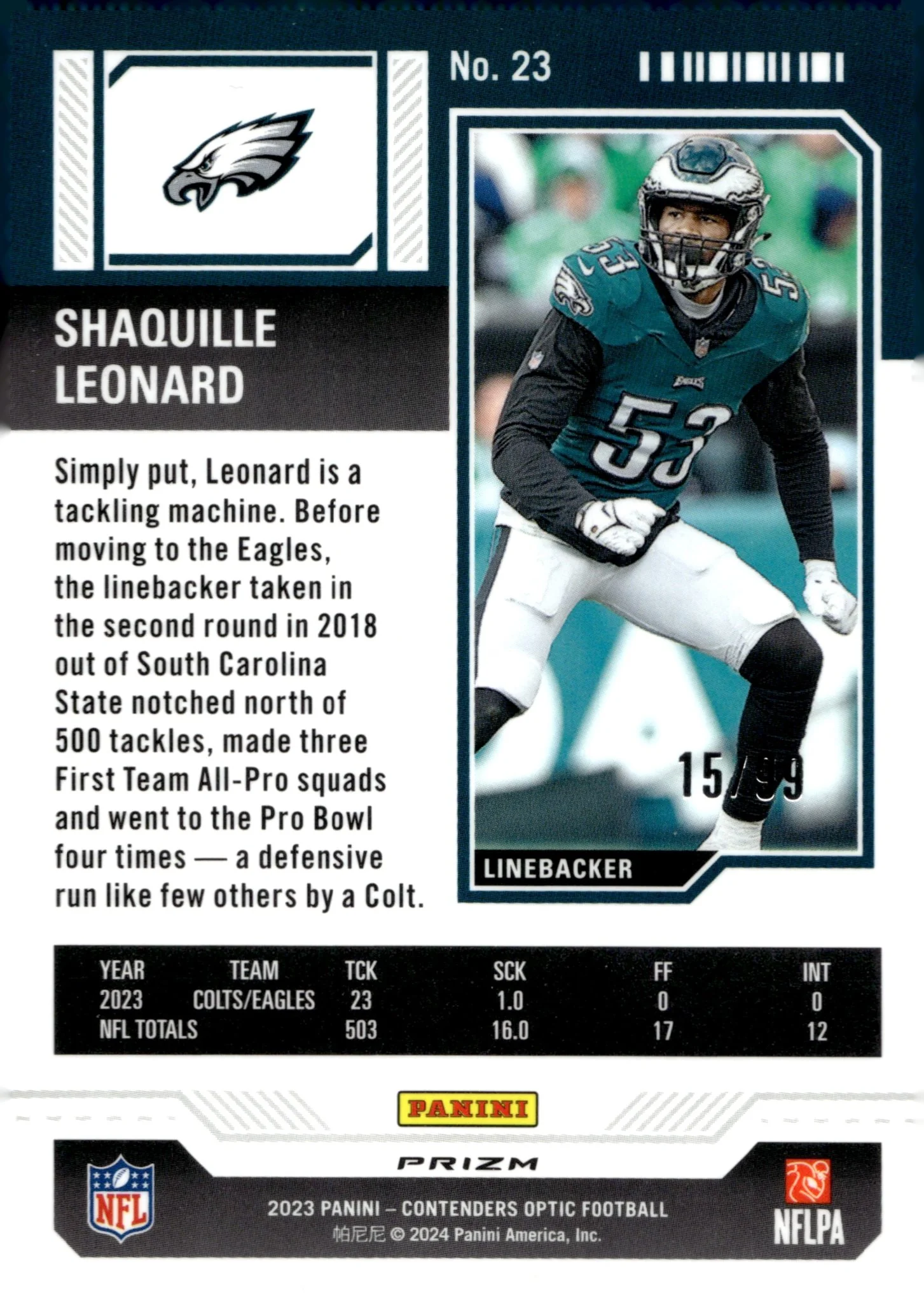 Shaquille Leonard 2023 Panini Contenders Optic Season Ticket Blue Prizm 15/99 - Image 2