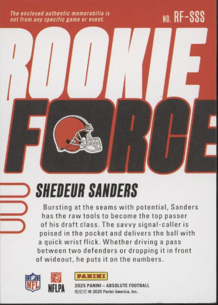 Shedeur Sanders 2025 Panini Absolute Rookie Force Swatch RC #RF-SSS - Image 2