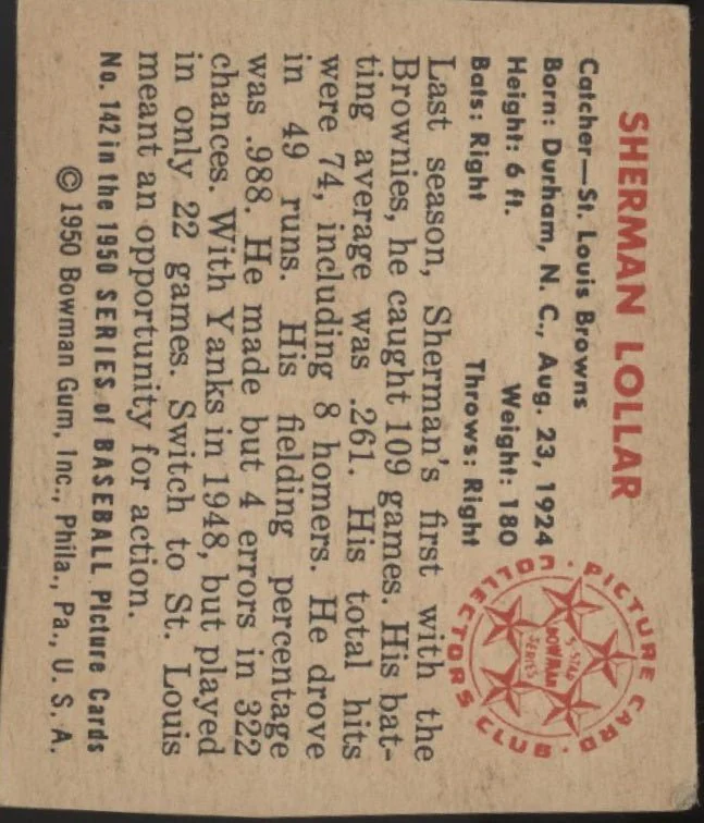 Sherman Lollar 1950 Bowman RC #142 St. Louis Browns VG - Image 2