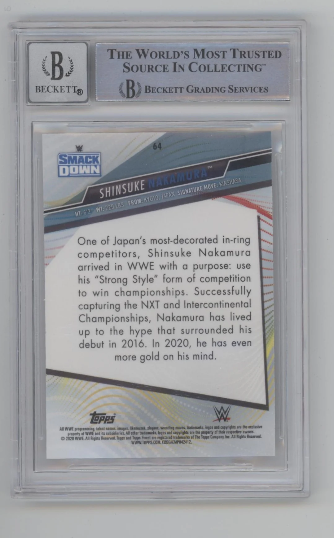 Shinsuke 2020 Topps Finest #64 with Beckett Witnessed Auto 10 - Image 2