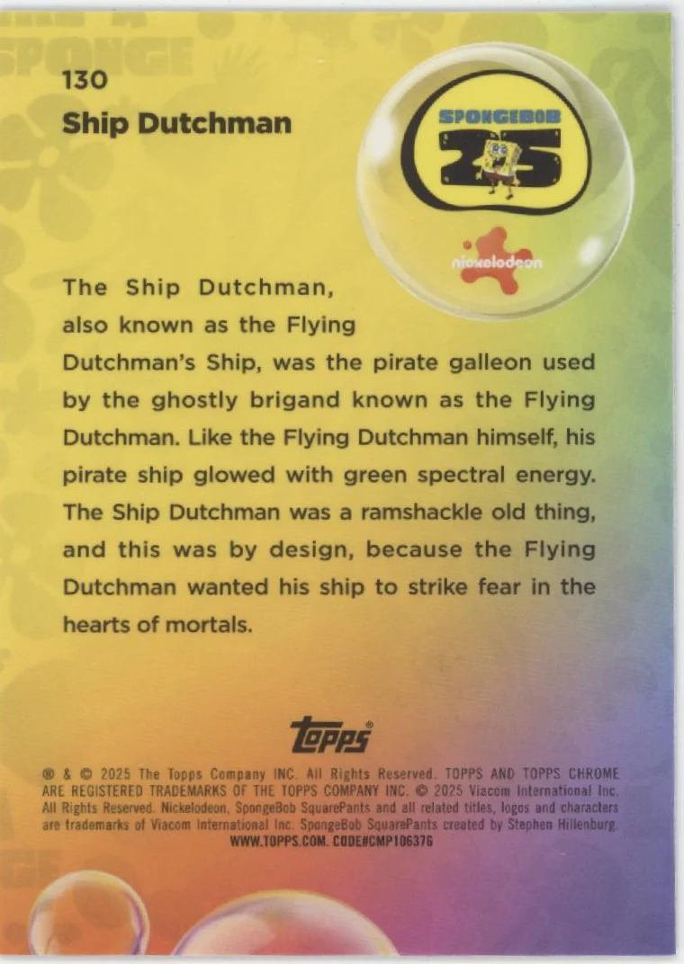 Ship Dutchman 2025 Topps Chrome Spongebob Blue Refractor 04/99 #130 - Image 2