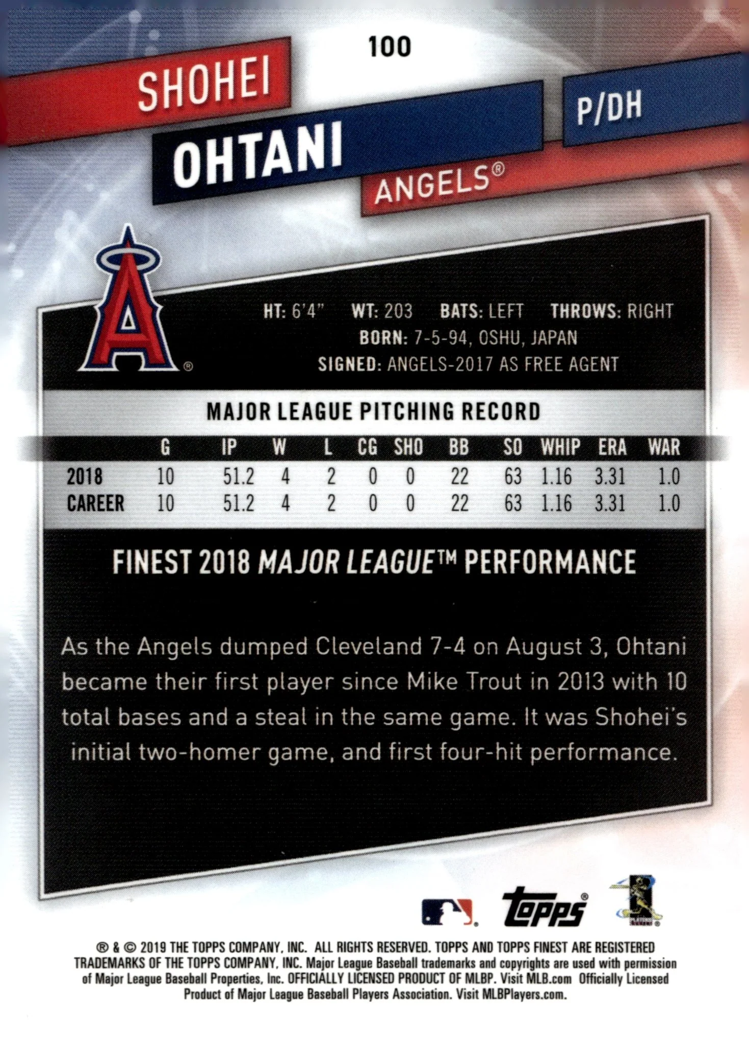 Shohei Ohtani 2019 Topps Finest #100 - Image 2