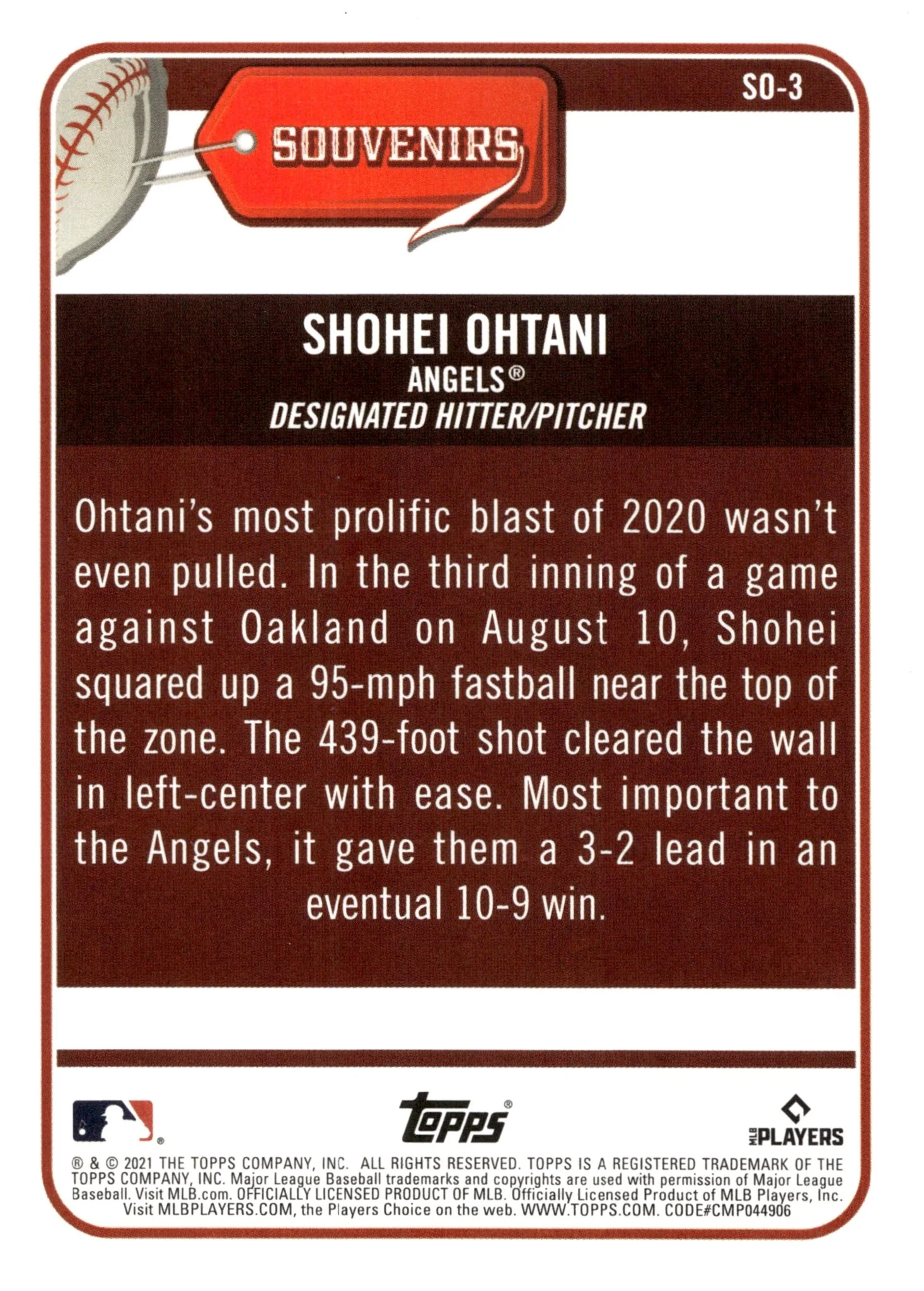 Shohei Ohtani 2021 Topps Big League Souvenirs 439ft #SO-3 - Image 2