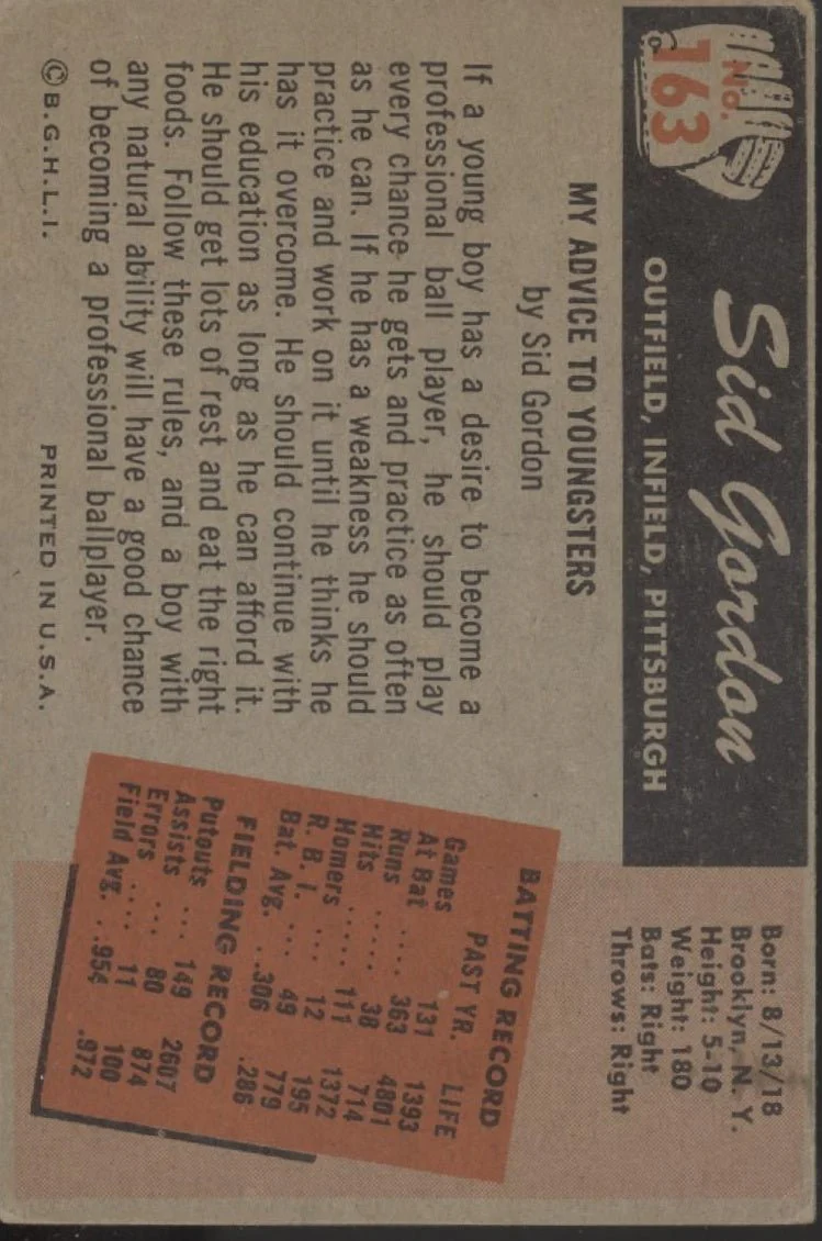 Sid Gordon 1955 Bowman #163 Pittsburgh Pirates VG #2 - Image 2