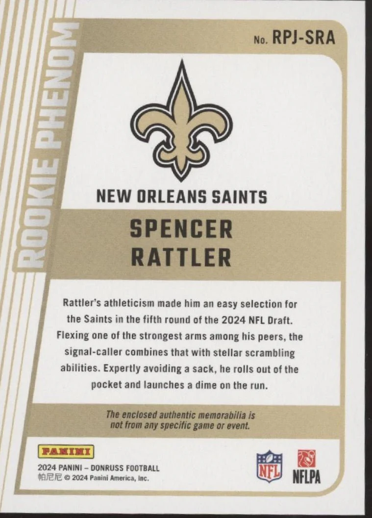 Spencer Rattler 2024 Panini Donruss Rookie Phenom Swatch RC #RPJ-SRA #1 - Image 2