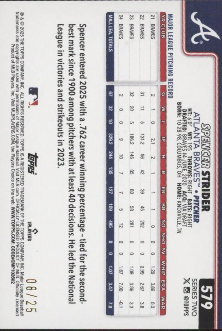Spencer Strider 2025 Topps Series 2 Orange Diamante Holo 08/25 #579 - Image 2