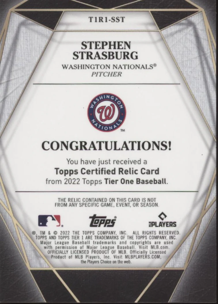Stephen Strasburg 2022 Topps Tier One Swatch 069/149 #T1R1-SST - Image 2