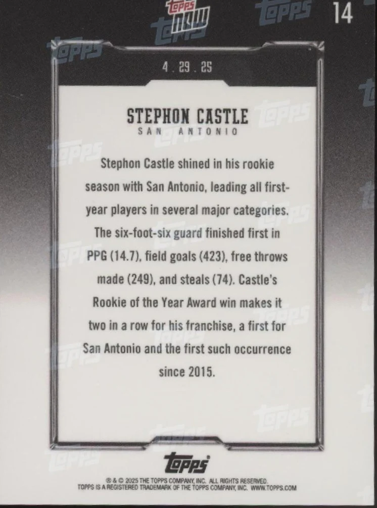 Stephon Castle 2024-25 Topps Now Rookie of the Year RC #14 #2 - Image 2