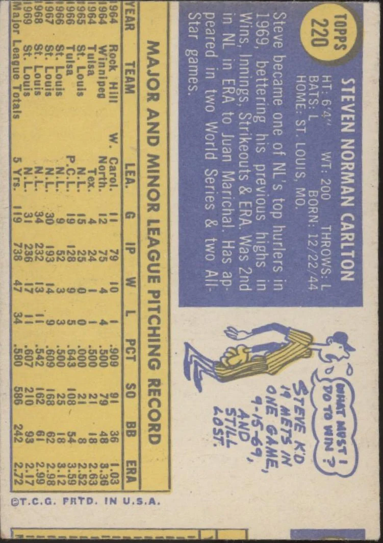 Steve Carlton 1970 Topps #220 St. Louis Cardinals VG-EX - Image 2