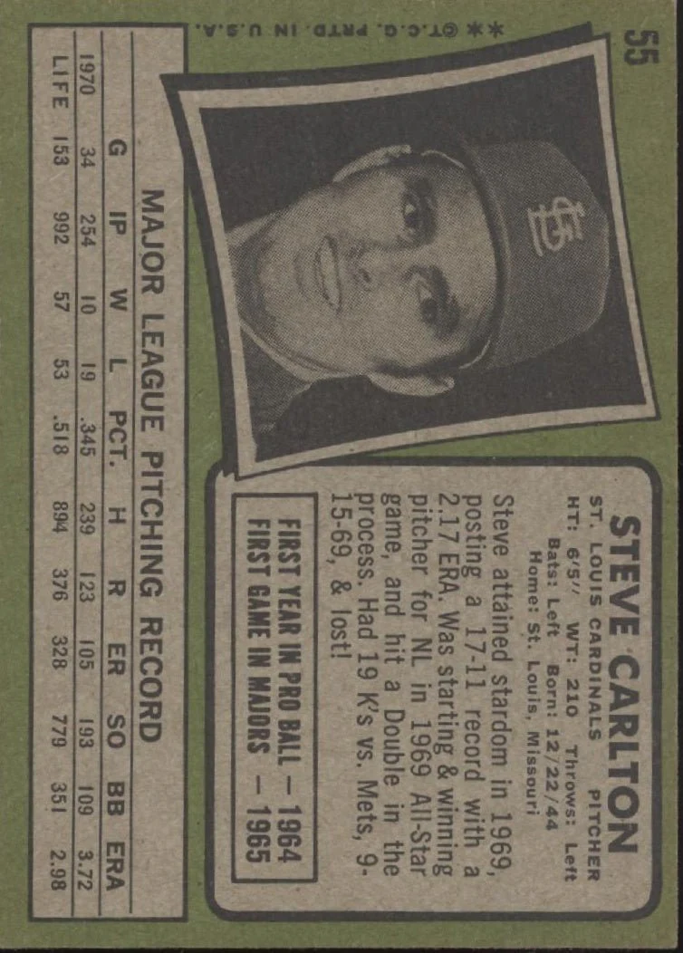 Steve Carlton 1971 Topps #55 St. Louis Cardinals VG-EX #3 - Image 2