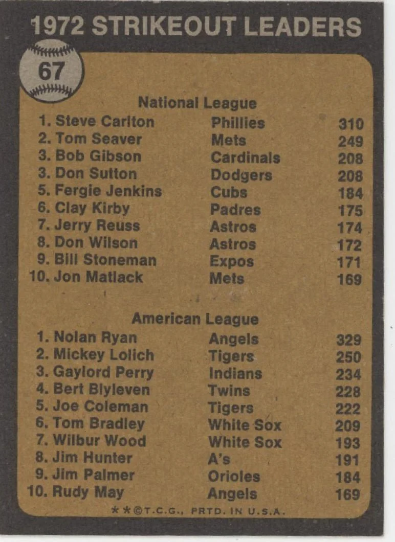 Steve Carlton / Nolan Ryan 1973 Topps Strikeout Leaders #67 EX - Image 2