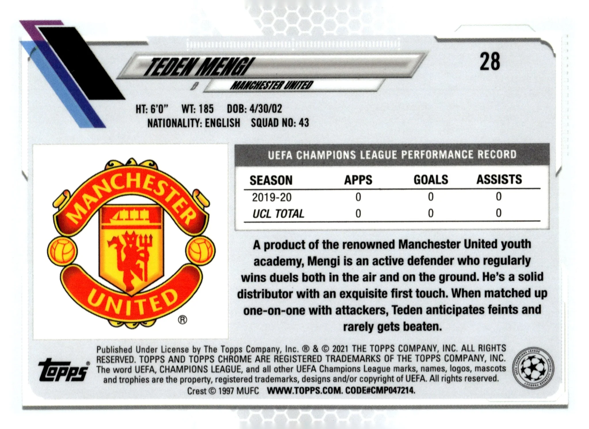 Taden Mengi 2020-21 Topps Chrome UEFA Champions League Blue Ice Refractor RC #28 - Image 2