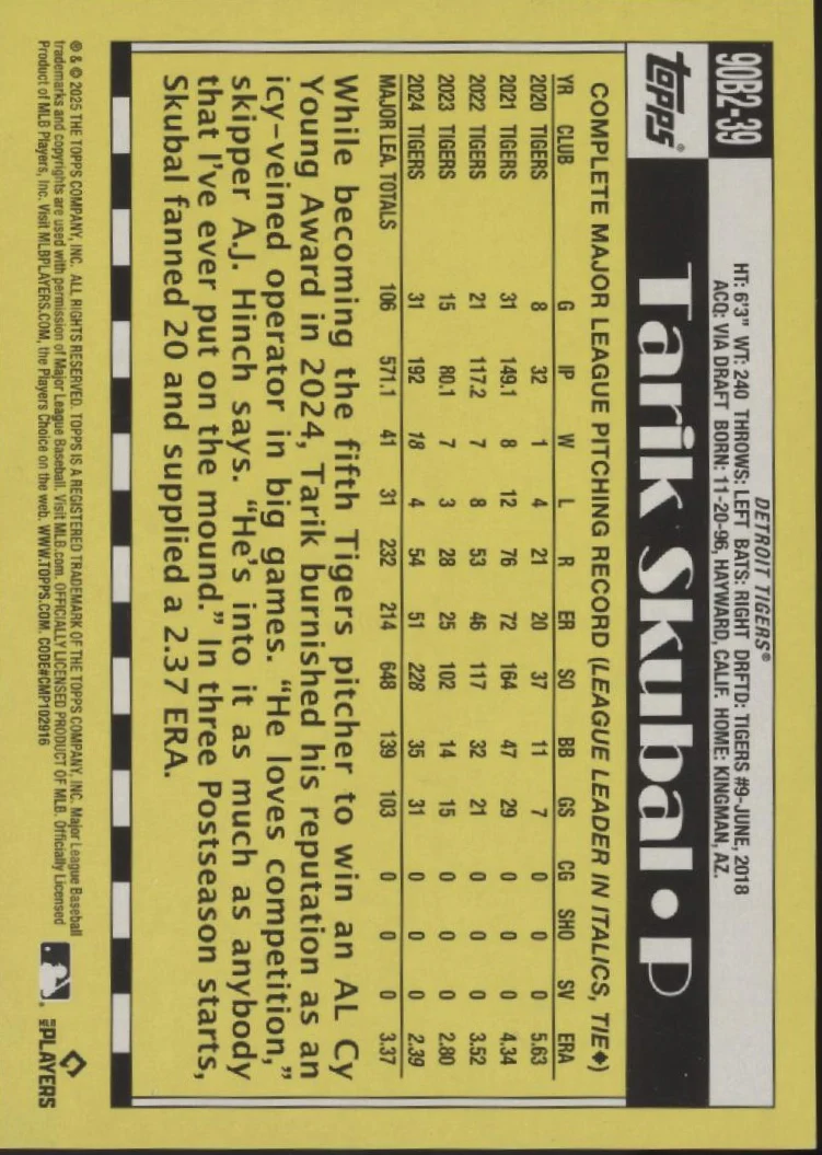 Tarik Skubal 2025 Topps 35th Anniversary '90 No Name SSP 18/35 #90B2-39 - Image 2