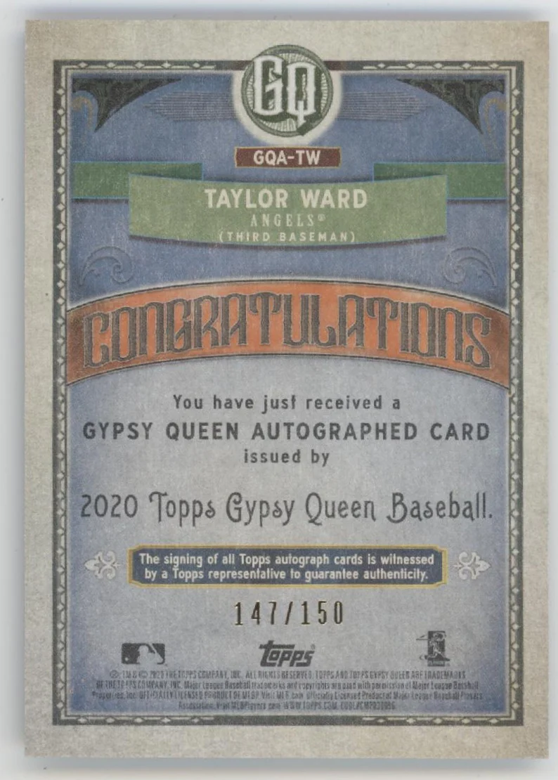 Taylor Ward 2020 Topps Gypsy Queen Blue RC Auto 147/150 #GQA-TW - Image 2