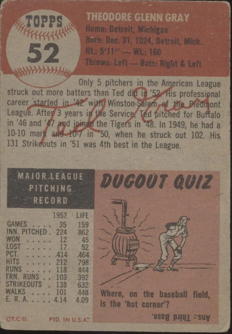 Ted Gray 1953 Topps #52 Detroit Tigers GD - Image 2