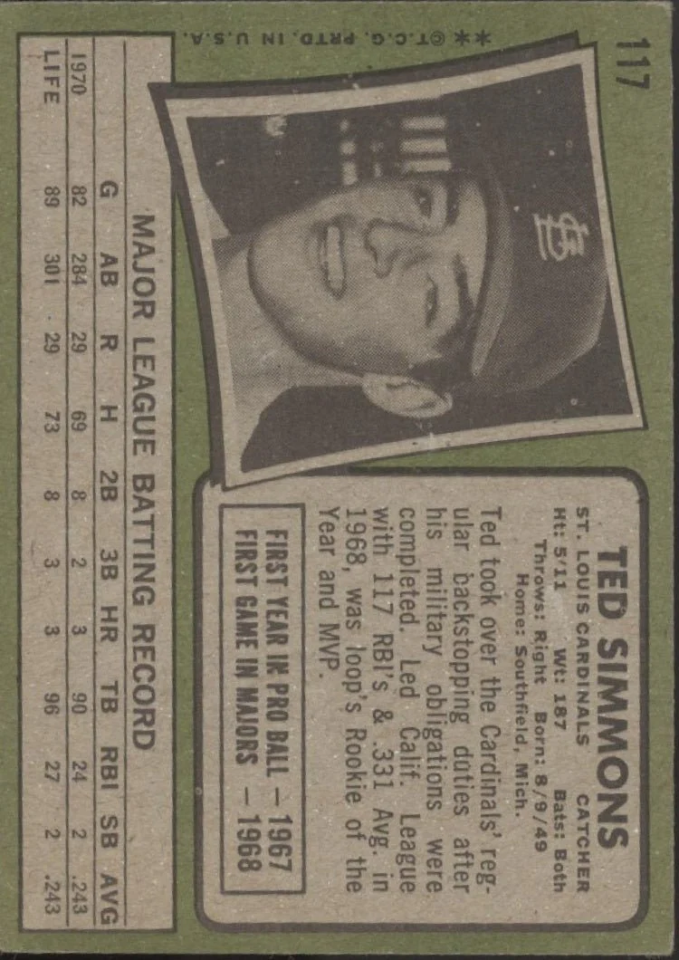 Ted Simmons 1971 Topps RC #117 St. Louis Cardinals VG #2 - Image 2