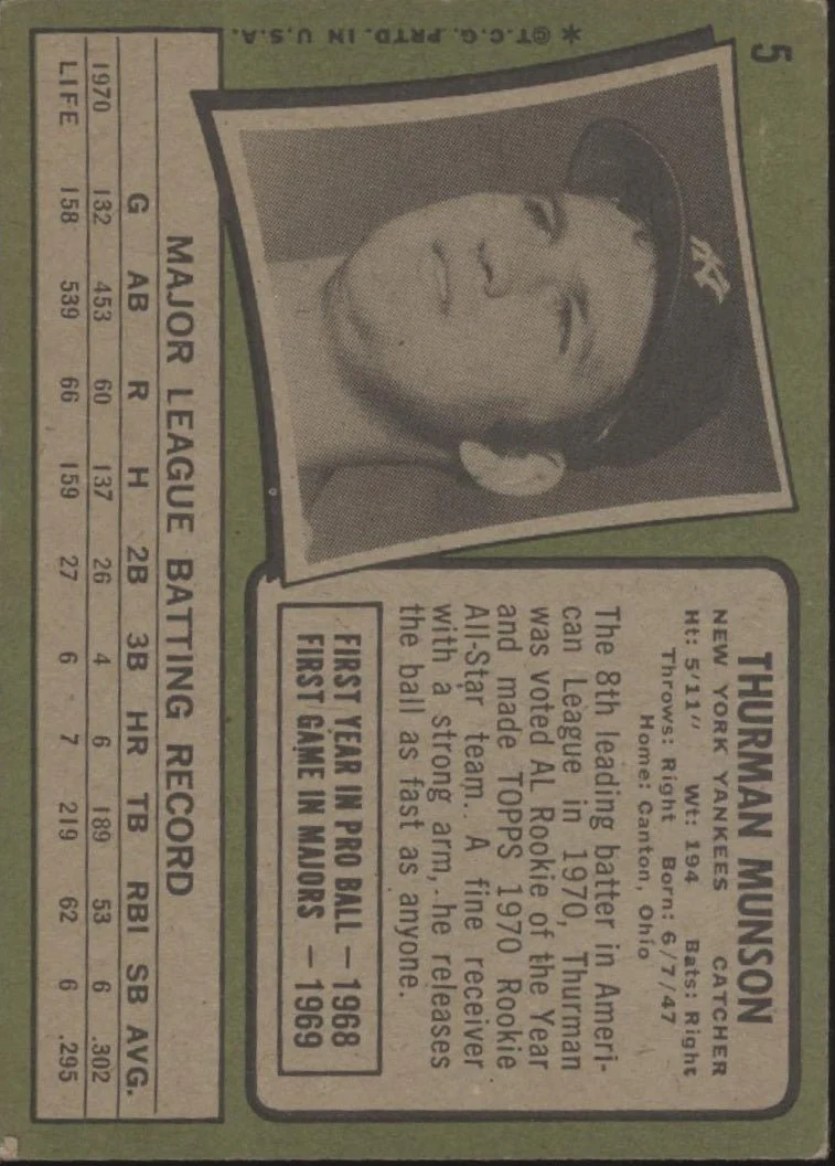 Thurman Munson 1971 Topps #5 New York Yankees GD #1 - Image 2