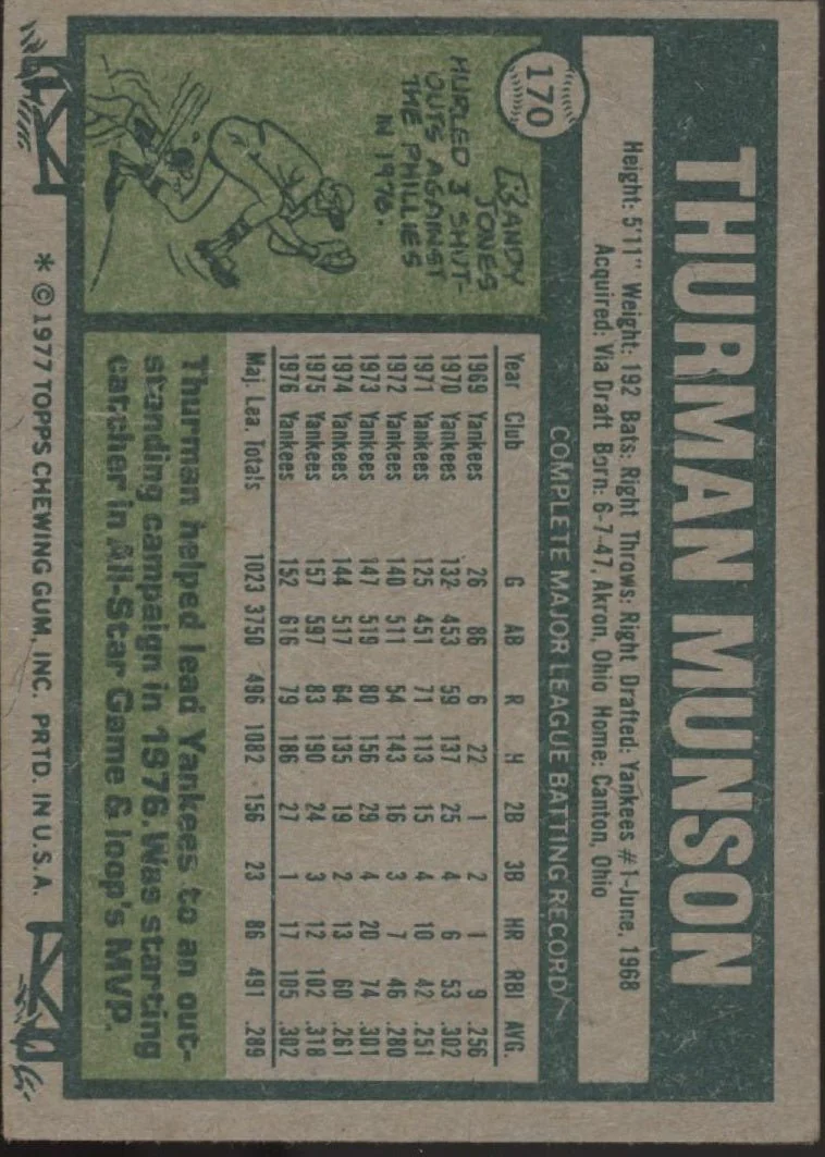 Thurman Munson 1977 Topps #170 New York Yankees VG-EX #1 - Image 2