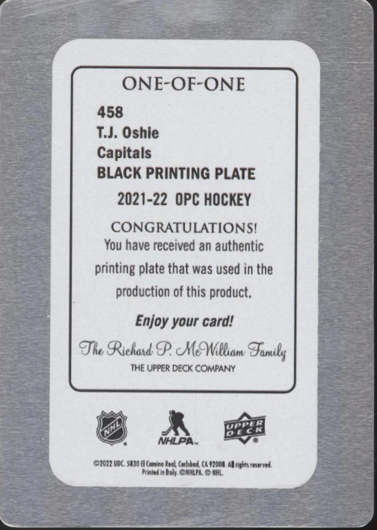 TJ Oshie 2021-22 Upper Deck O-Pee-Chee Black Printing Plate One of One #458 - Image 2