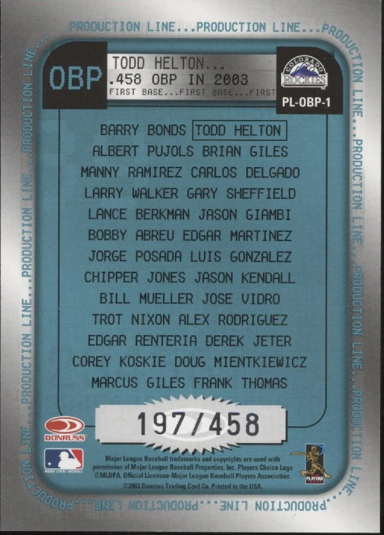 Todd Helton 2003 Donruss Production Line 197/458 - Image 2