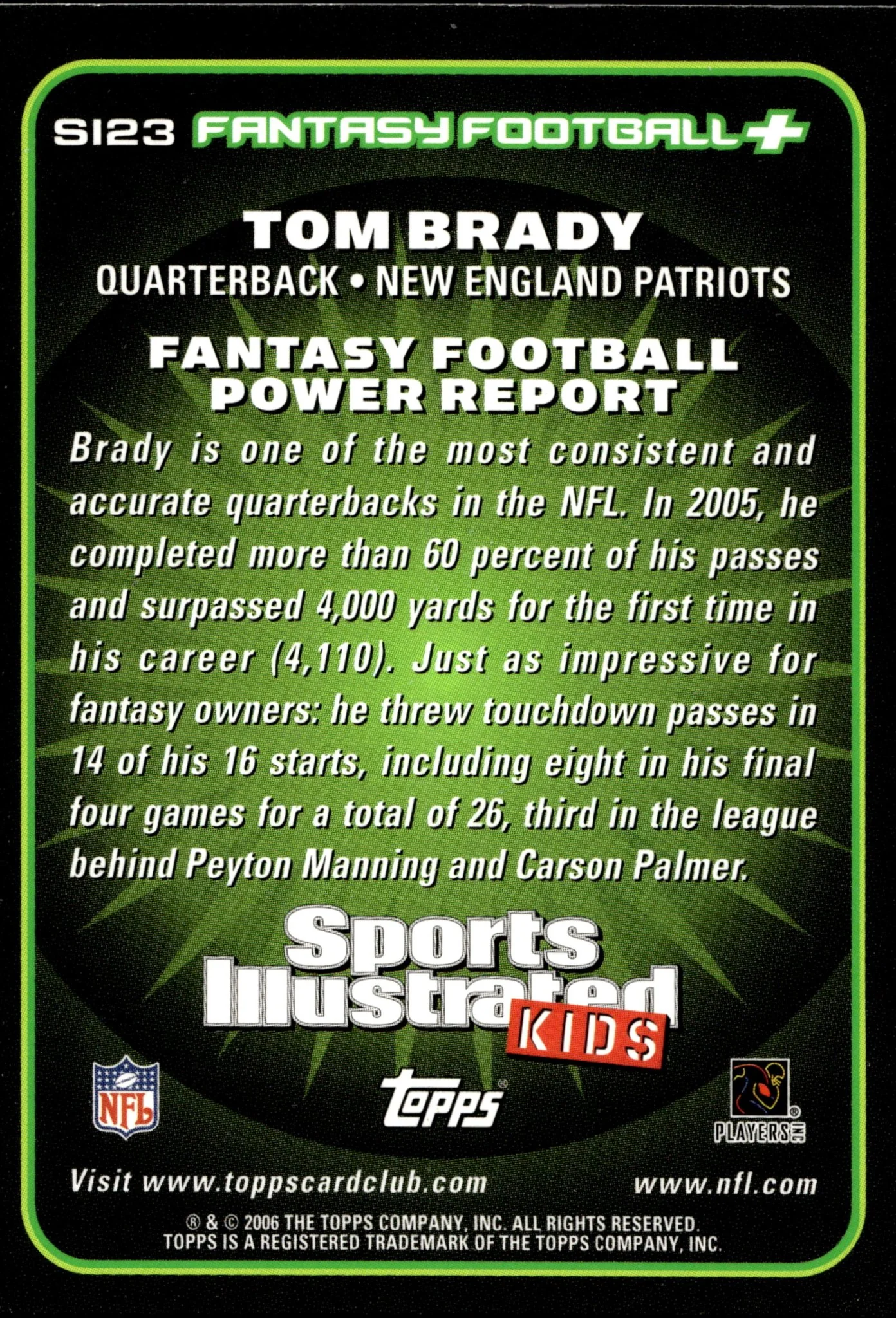 Tom Brady 2006 Topps Sports Illustrated Kids Fantasy Football+ #S123 #2 - Image 2