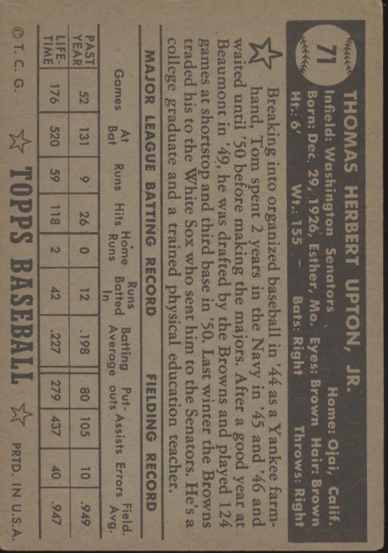 Tom Upton 1952 Topps RC #71 Washington Senators VG #2 - Image 2