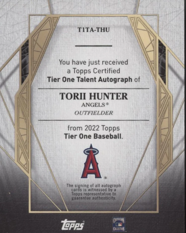 Torii Hunter 2022 Topps Tier One Talent Auto 125/299 #T1TA-THU - Image 2