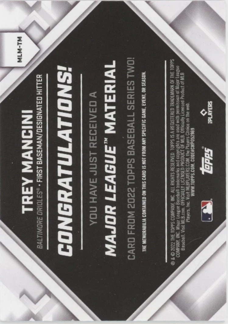 Trey Mancini 2022 Topps Series 2 Major League Material Swatch #MLM-TM - Image 2