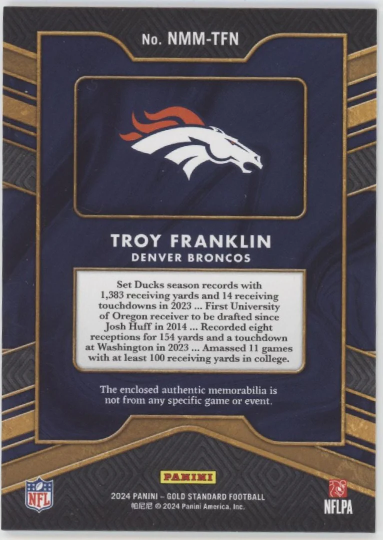 Troy Franklin 2024 Panini Gold Standard Newly Minted Swatch RC 124/499 #NMM-TFN - Image 2