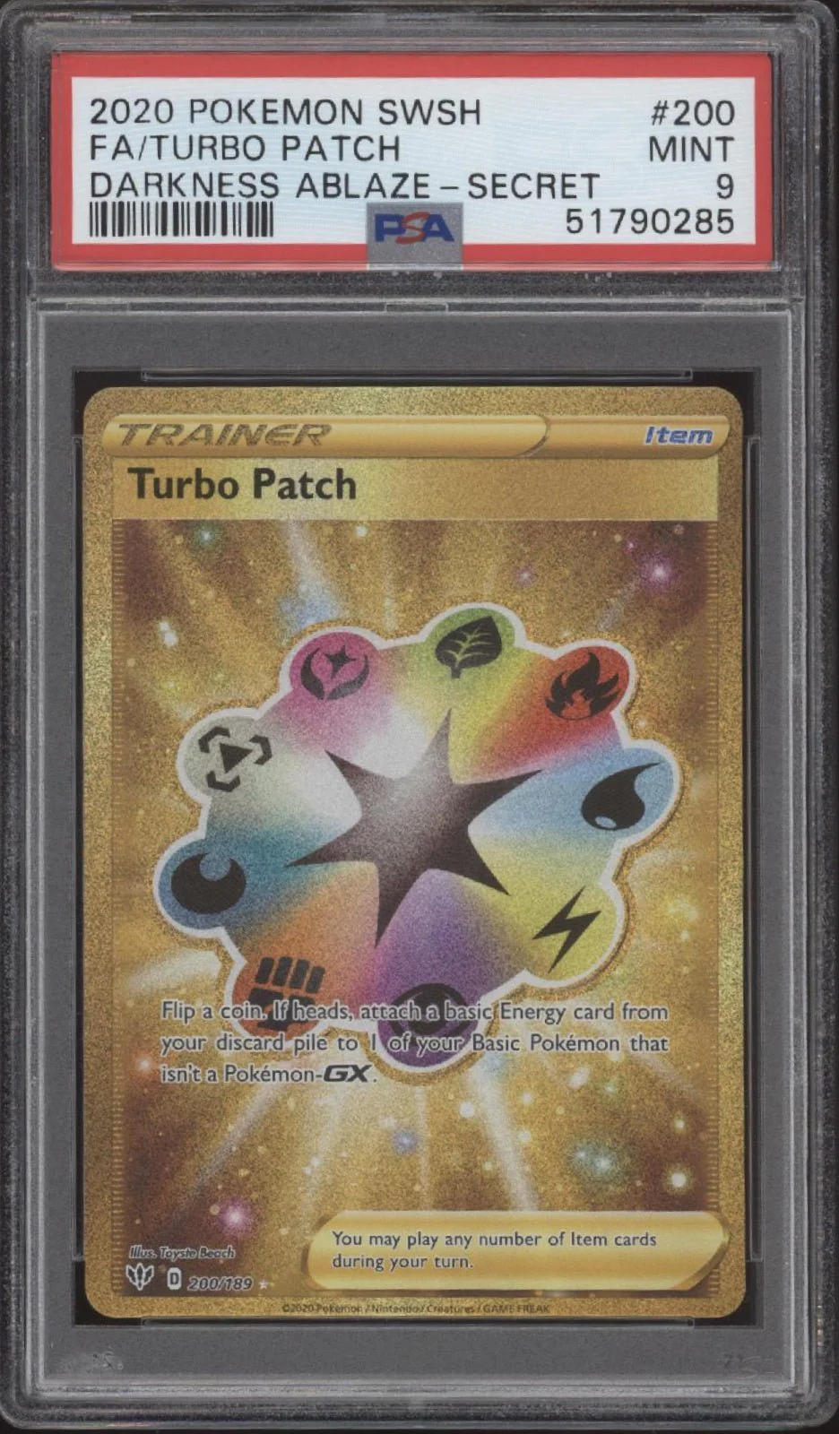 Turbo Patch Pokemon Darkness Ablaze Secret Rare Full Art #200 PSA 9