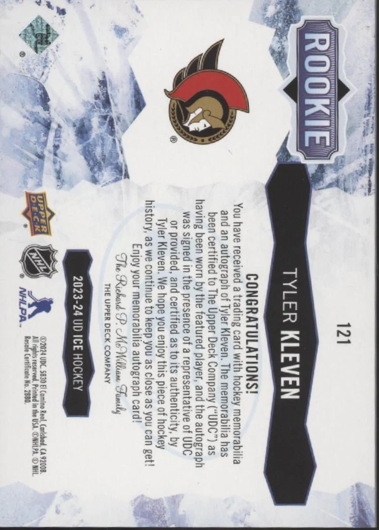 Tyler Kleven 2023-24 Upper Deck Ice Rookie Swatch RC Auto 82/99 #121 - Image 2