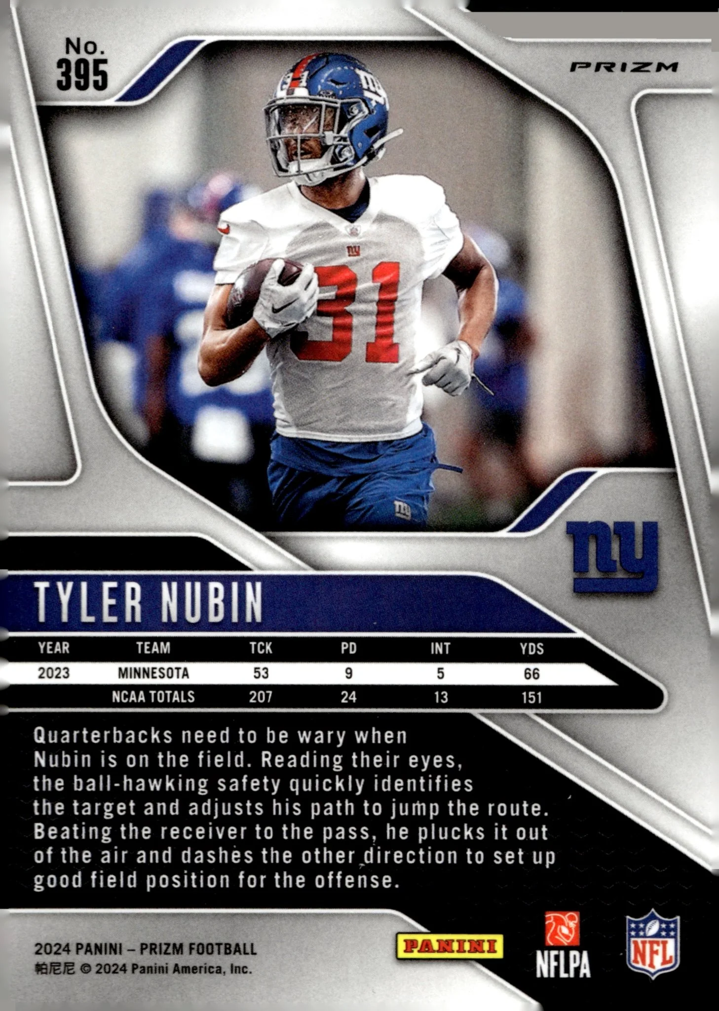 Tyler Nubin 2024 Panini Prizm Red White & Blue Prizm RC #395 - Image 2