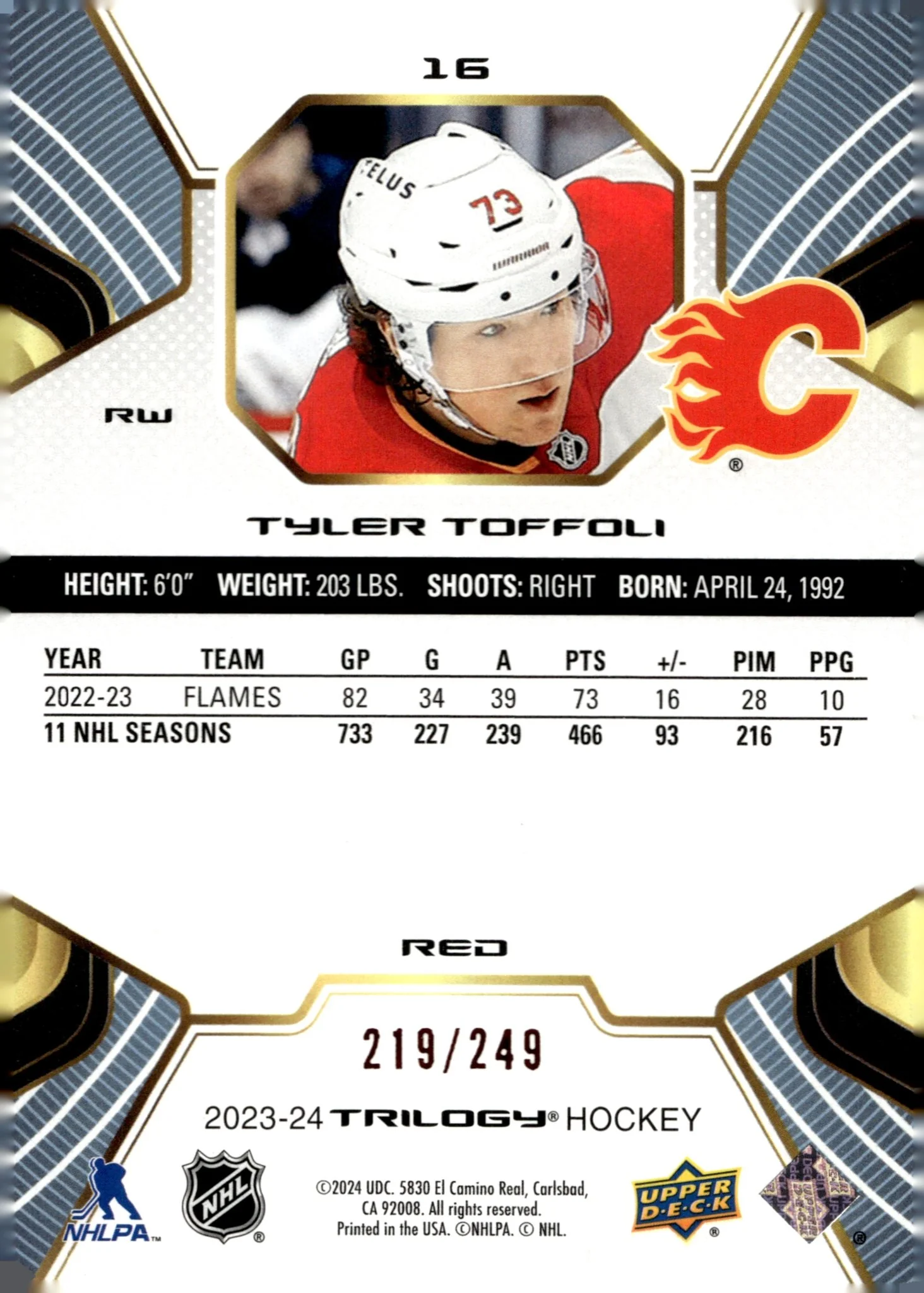 Tyler Toffoli 2023-24 Upper Deck Trilogy Red 219/249 #16 - Image 2