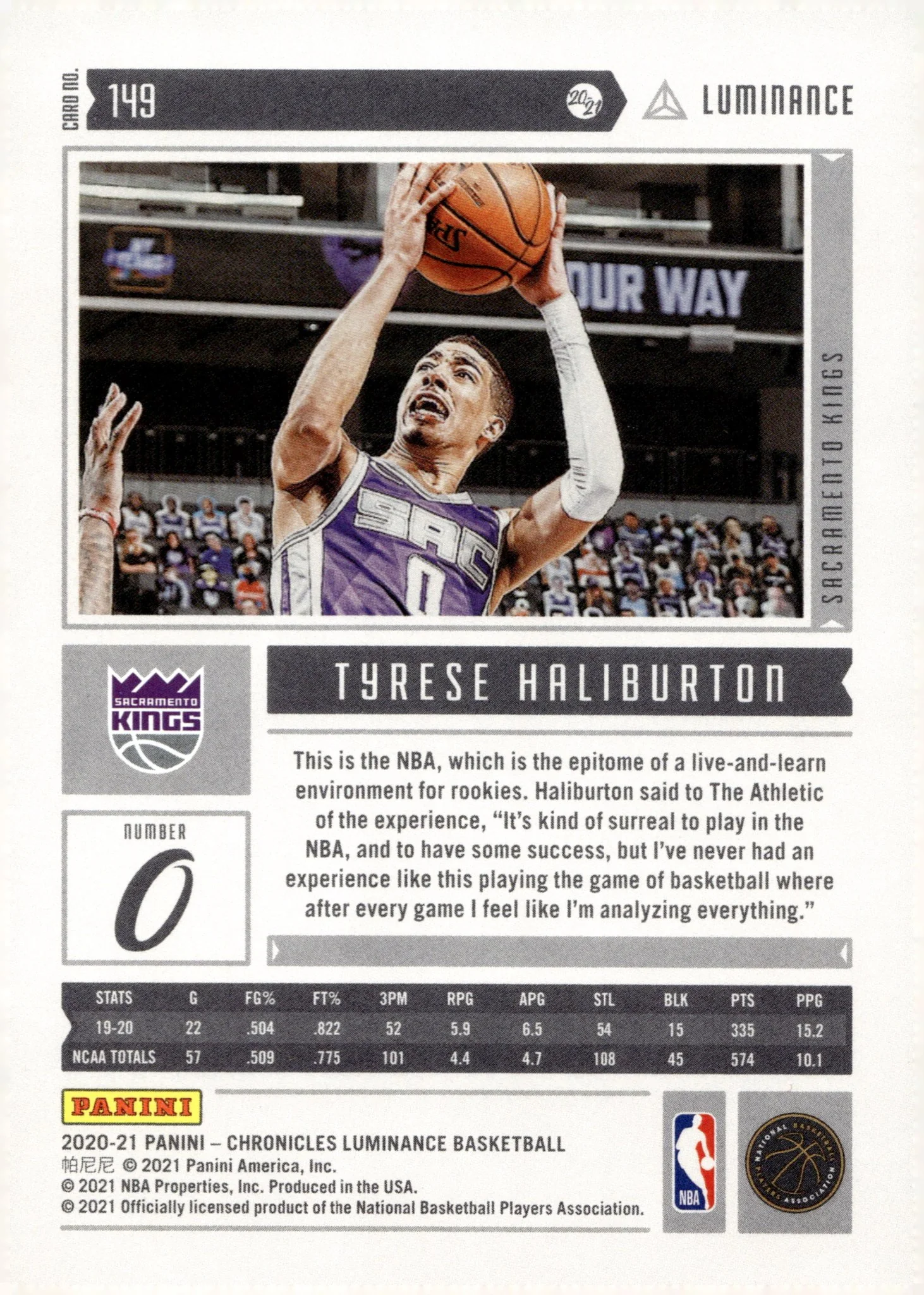 Tyrese Haliburton 2020-21 Panini Chronicles Luminance RC #149 - Image 2
