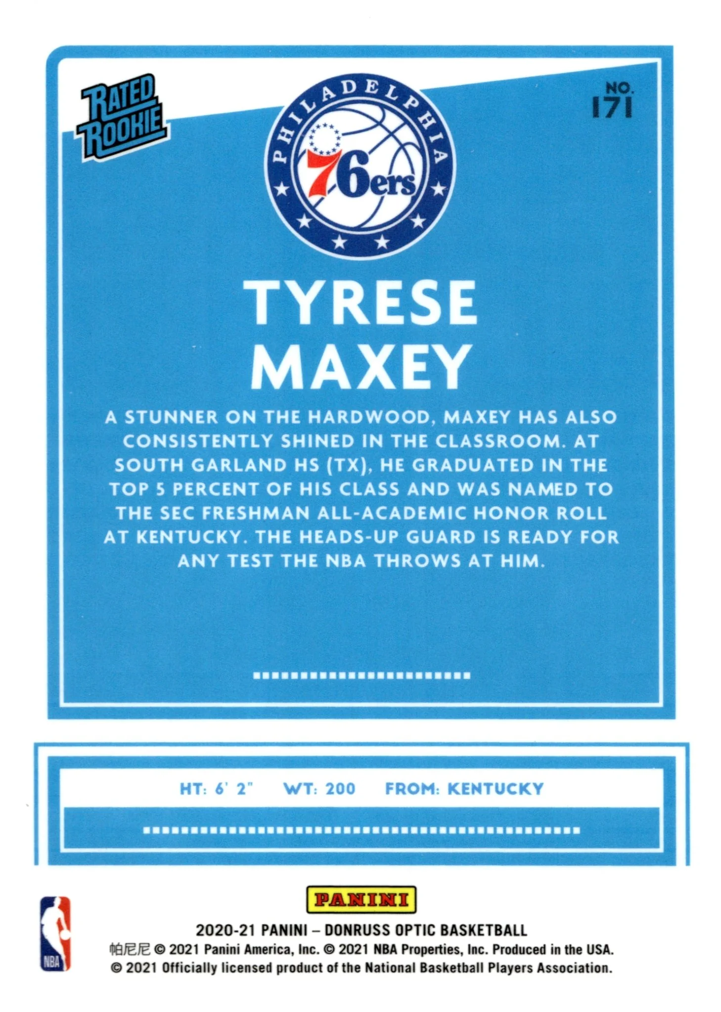 Tyrese Maxey 2020-21 Panini Donruss  Optic Rated Rookie RC #171 #4 - Image 2