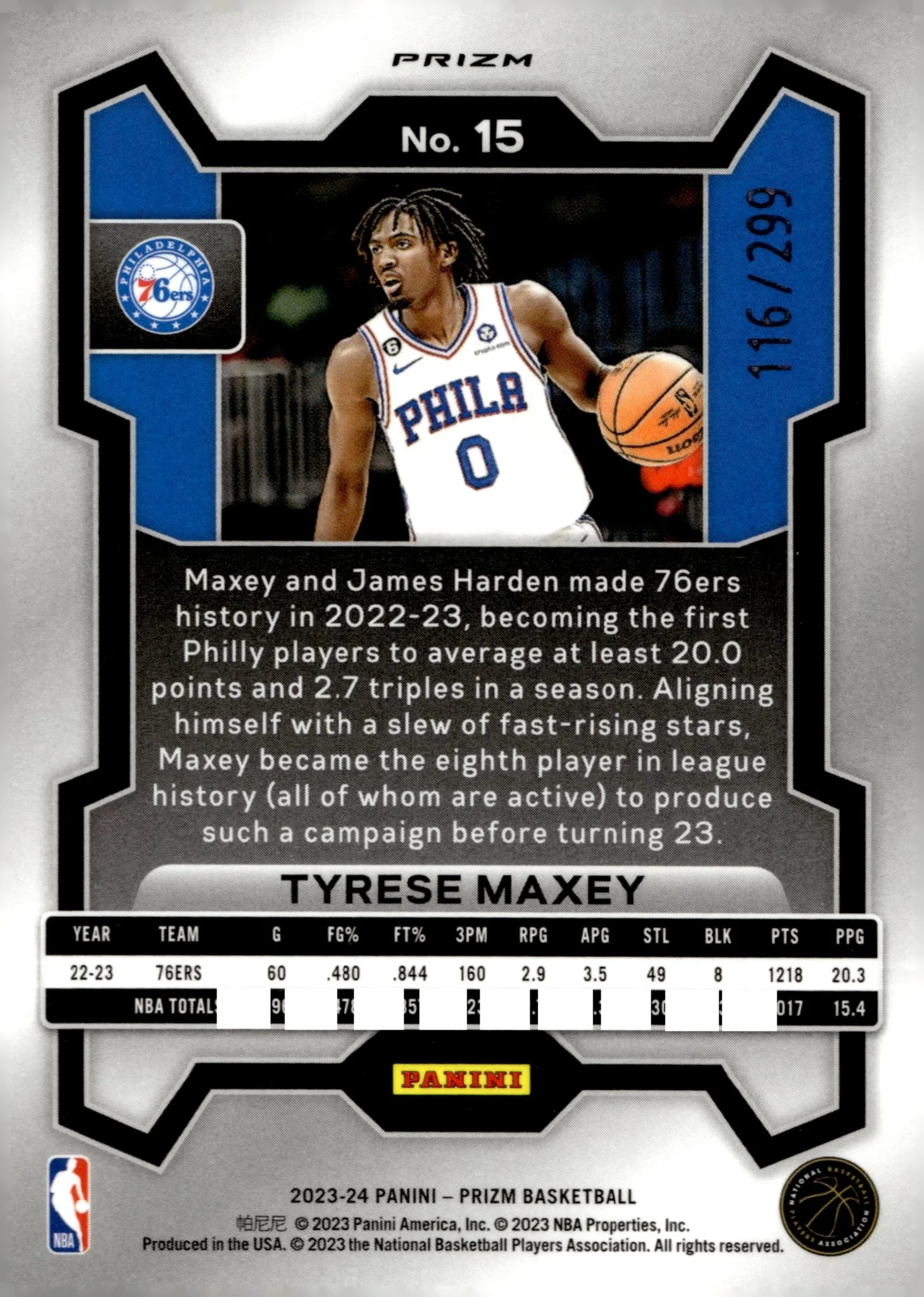 Tyrese Maxey 2023-24 Panini Prizm Red Prizm 116/299 #15 - Image 2