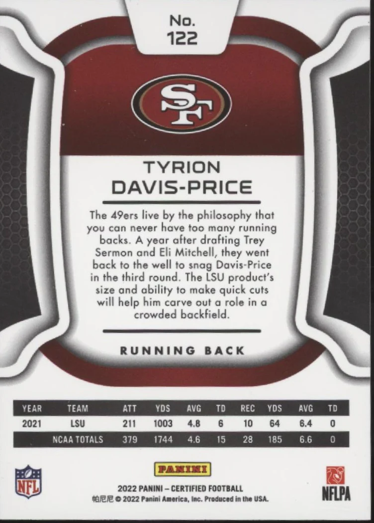 Tyrion Davis-Price 2022 Panini Certified Gold Mirror RC 03/25 #122 - Image 2