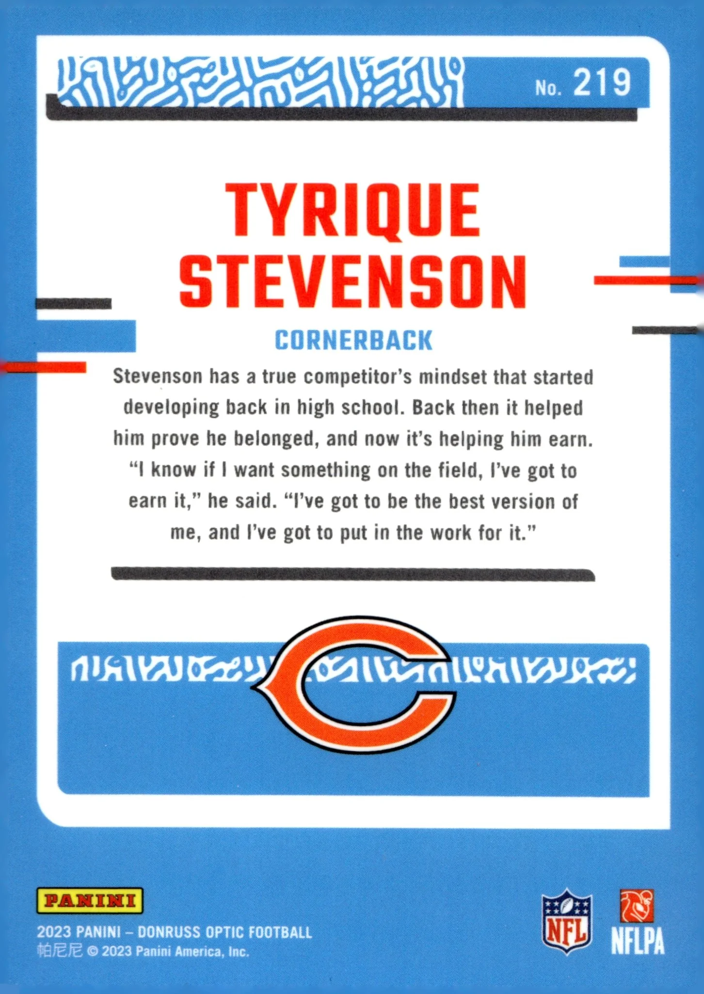 Tyrique Stevenson 2023 Panini Donruss Optic Rated Rookie RC #219 - Image 2