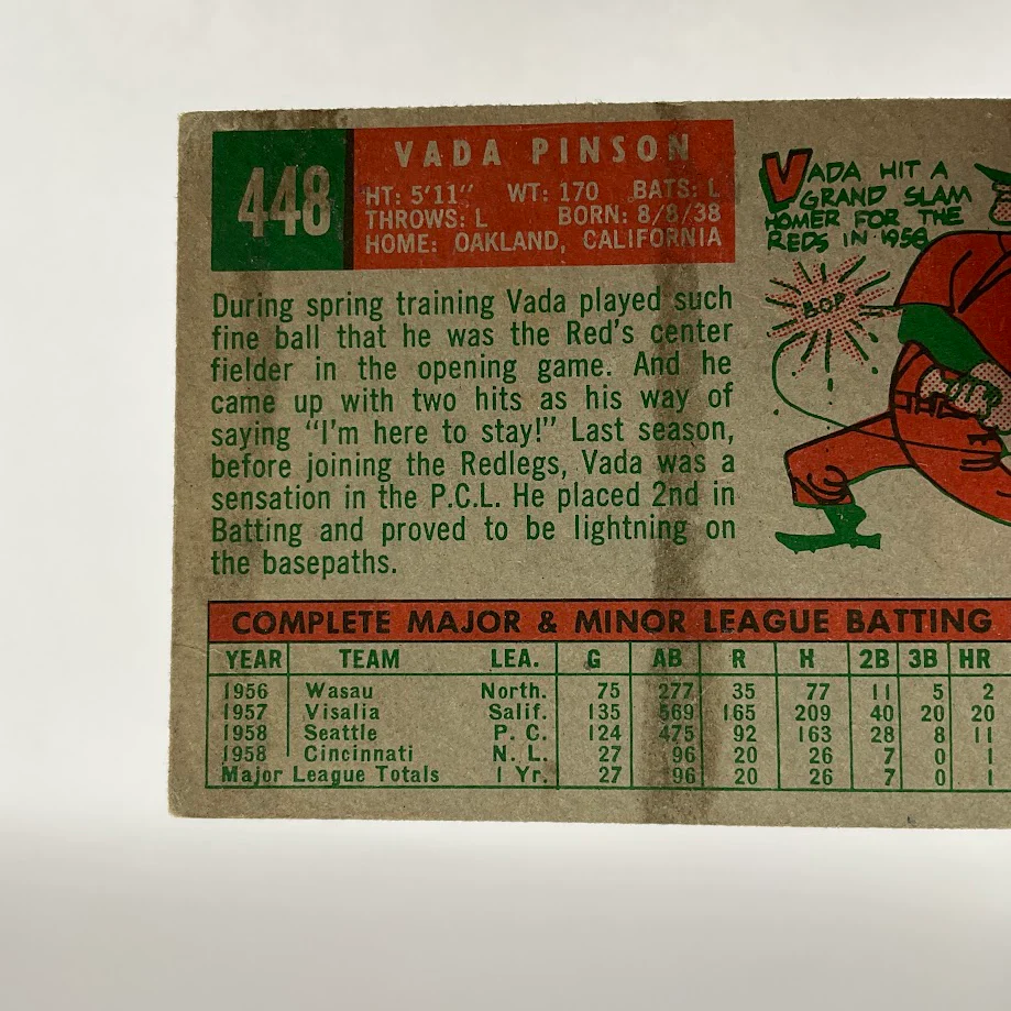 Vada Pinson 1959 Topps #448 Cincinnati Redlegs VG - Image 6