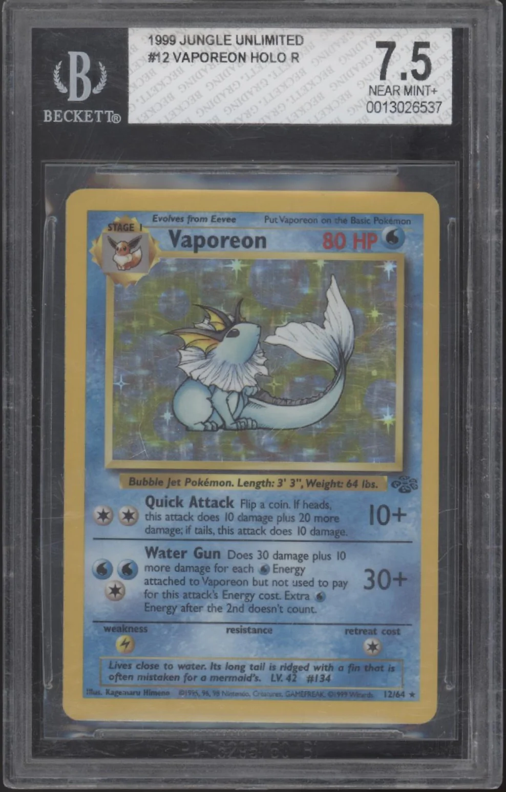 Vaporeon Pokemon Jungle Holo #12 Beckett 7.5