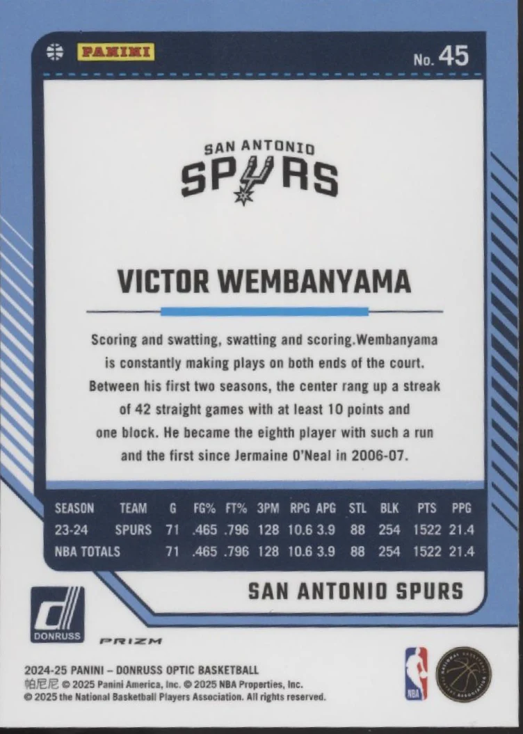 Victor Wembanyama 2024-25 Panini Donruss Optic Purple Prizm #45 - Image 2